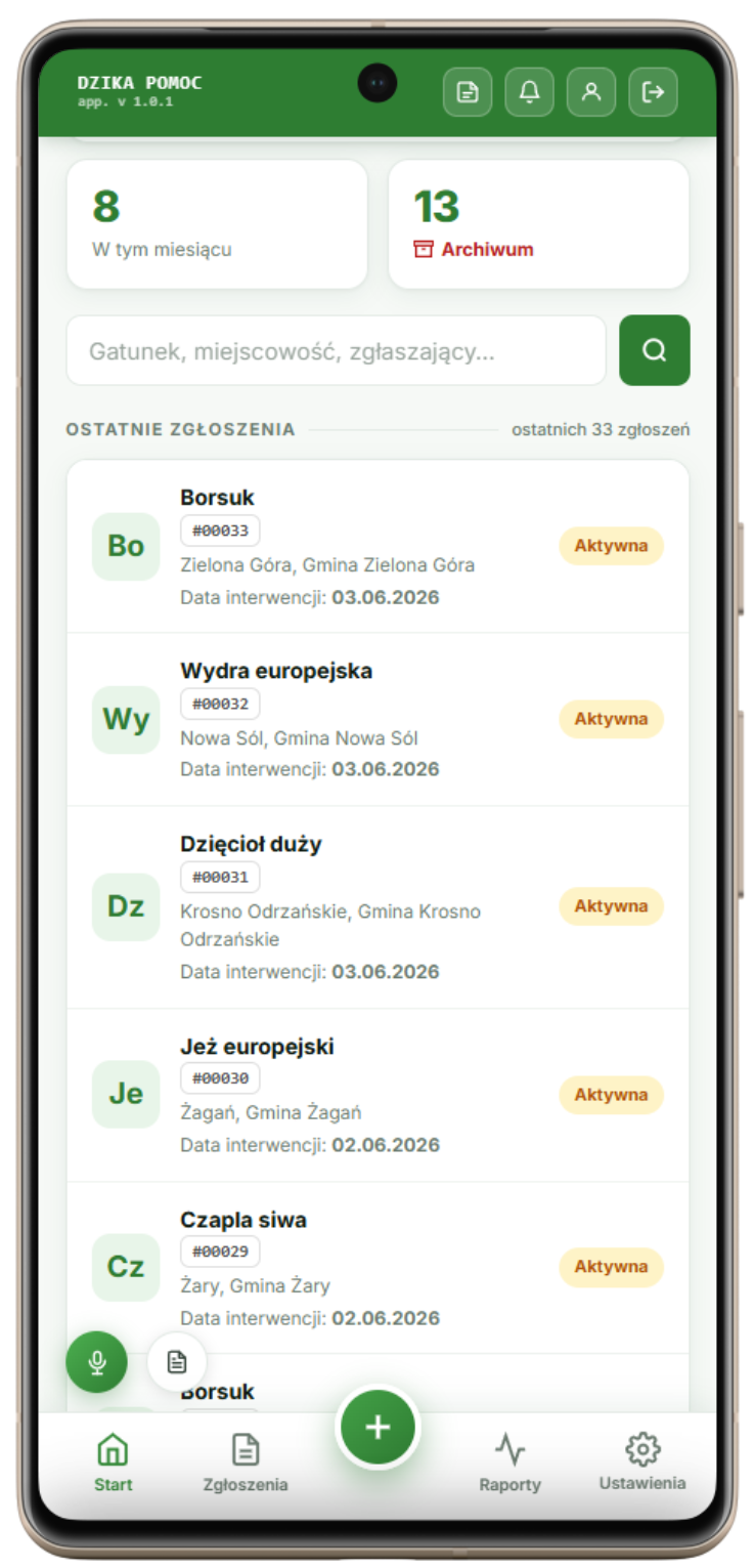 Dzika Pomoc – lista interwencji dzikich zwierząt na ekranie telefonu komórkowego