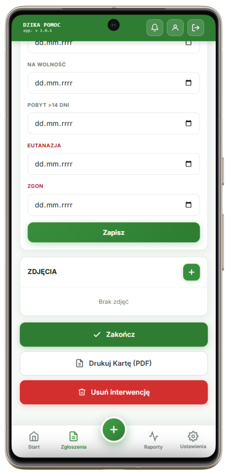 Formularz rejestracji nowej interwencji w aplikacji Dzika Pomoc